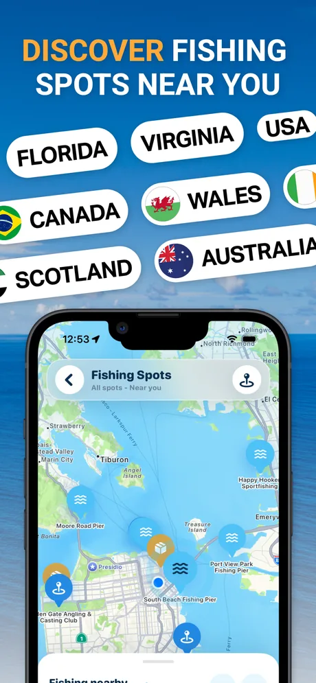 Fish Identifier app map with fishing spots near you, including piers and fishing areas