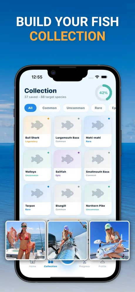 Fish collection screen with saved species and rarity tiers