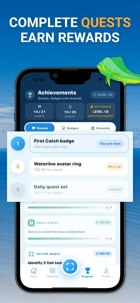 Achievements screen with quests, badges, and rewards